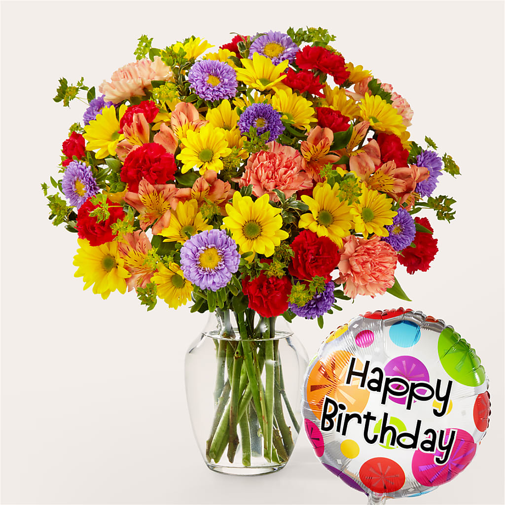 Kaleidoscope Bouquet with Birthday Balloon – Flowers By Roger Inc, Middletown OH