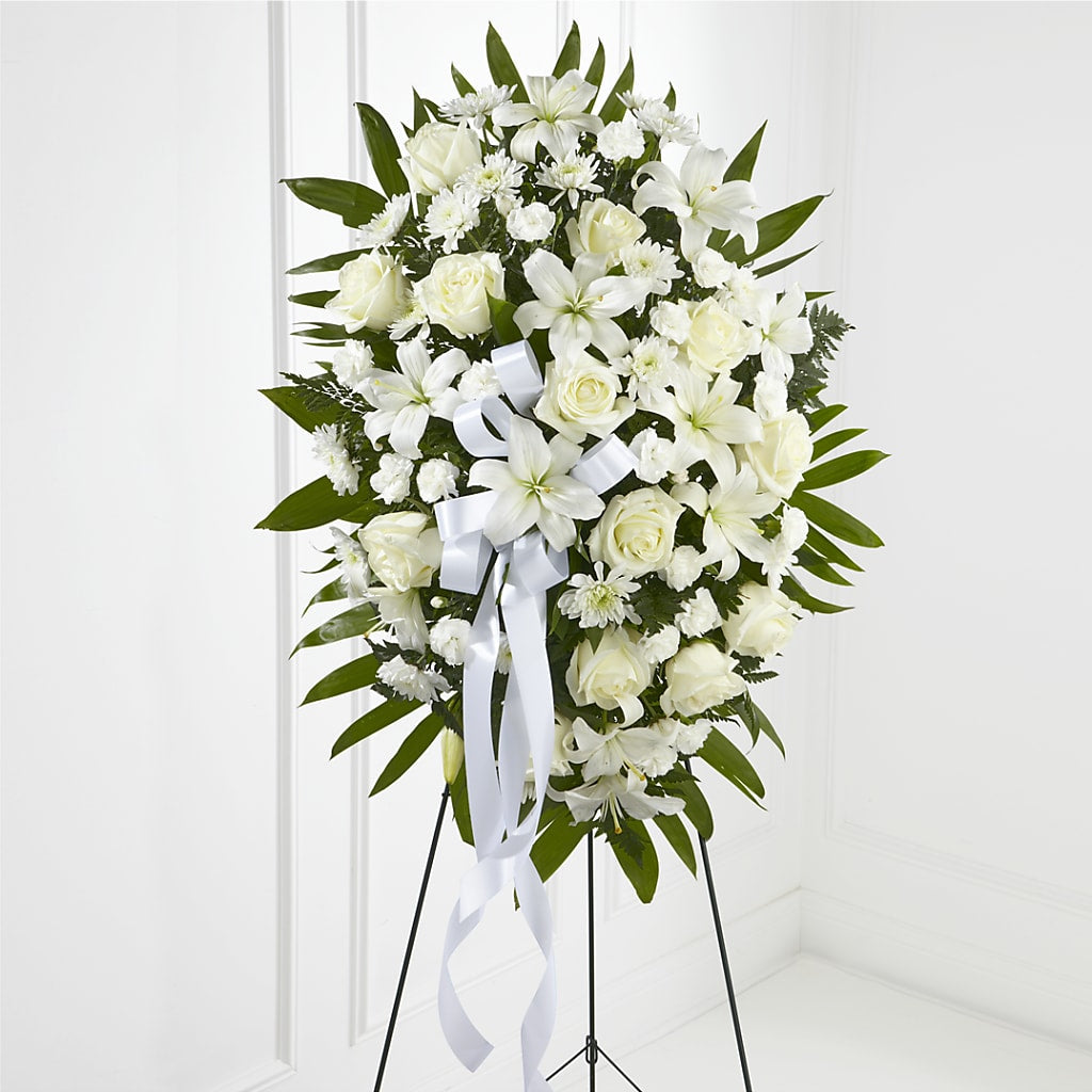 Exquisite Tribute Standing Spray-White Ribbon – Flowers By Roger Inc, Middletown OH